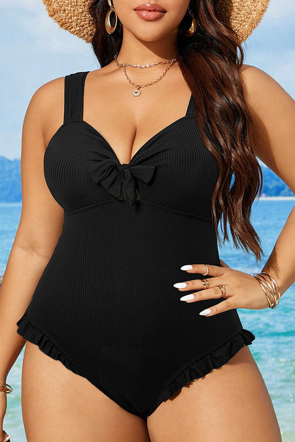 Plus Size Textured Knotted Ruffled Trim One Piece Swimwear