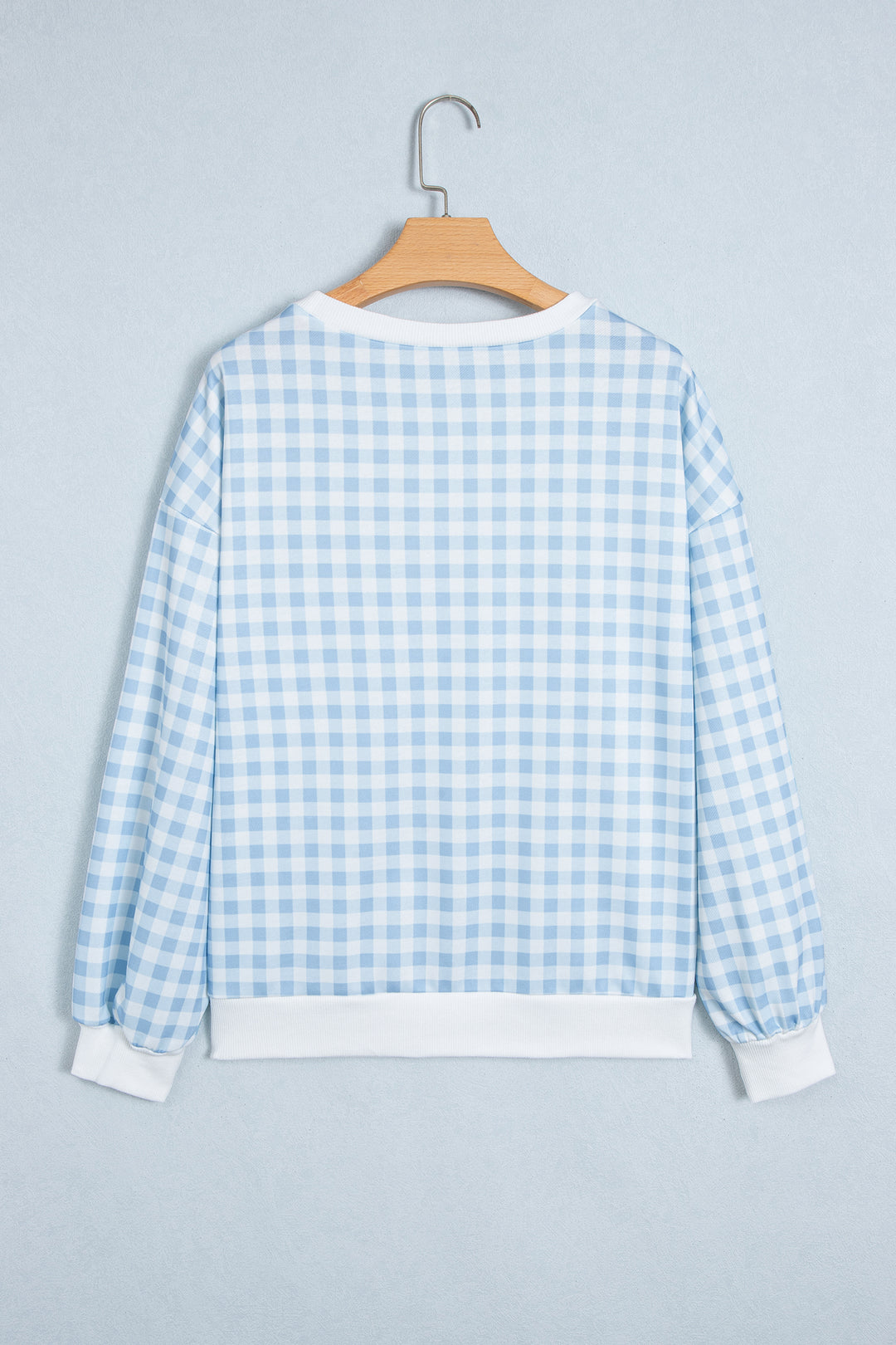 Light Blue Plaid Round Neck Long Sleeve Sweatshirt