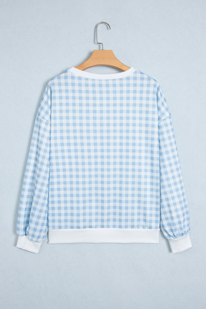Light Blue Plaid Round Neck Long Sleeve Sweatshirt
