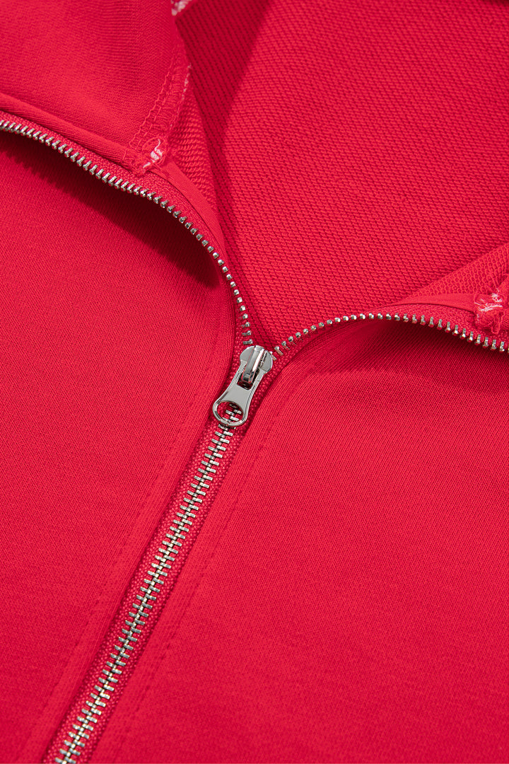Racing Red Patchwork Plaid Pocket Quarter Zip Sweatshirt