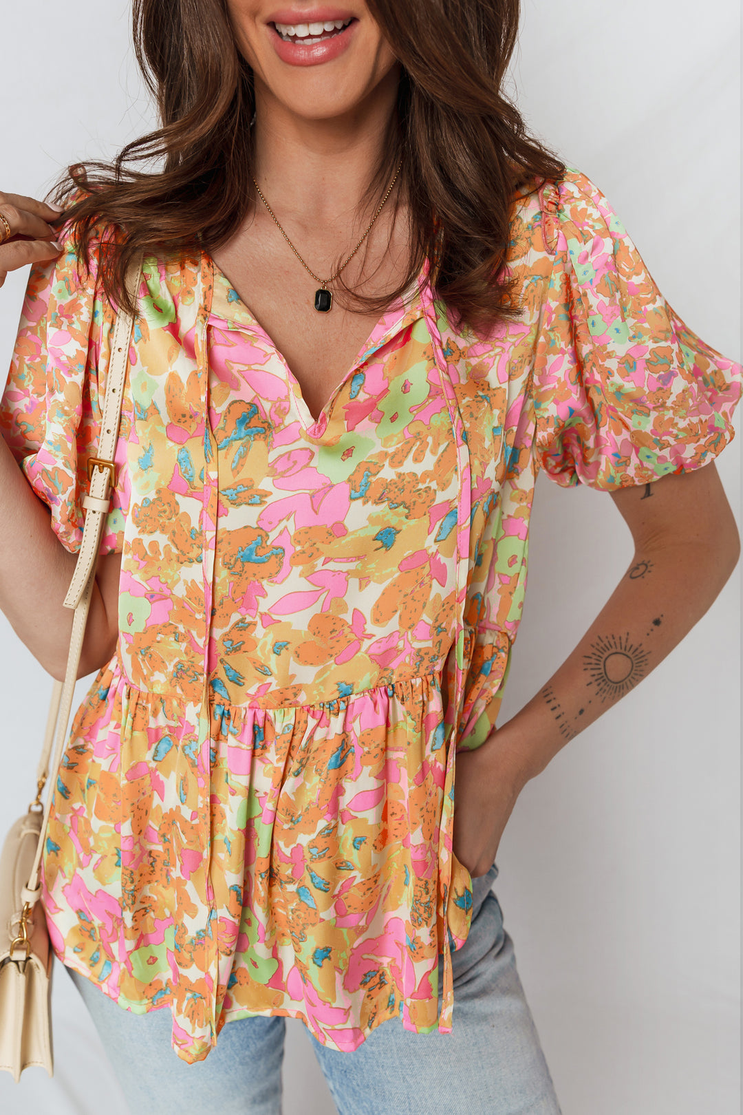 Split V Neck Short Sleeve Flower Blouse