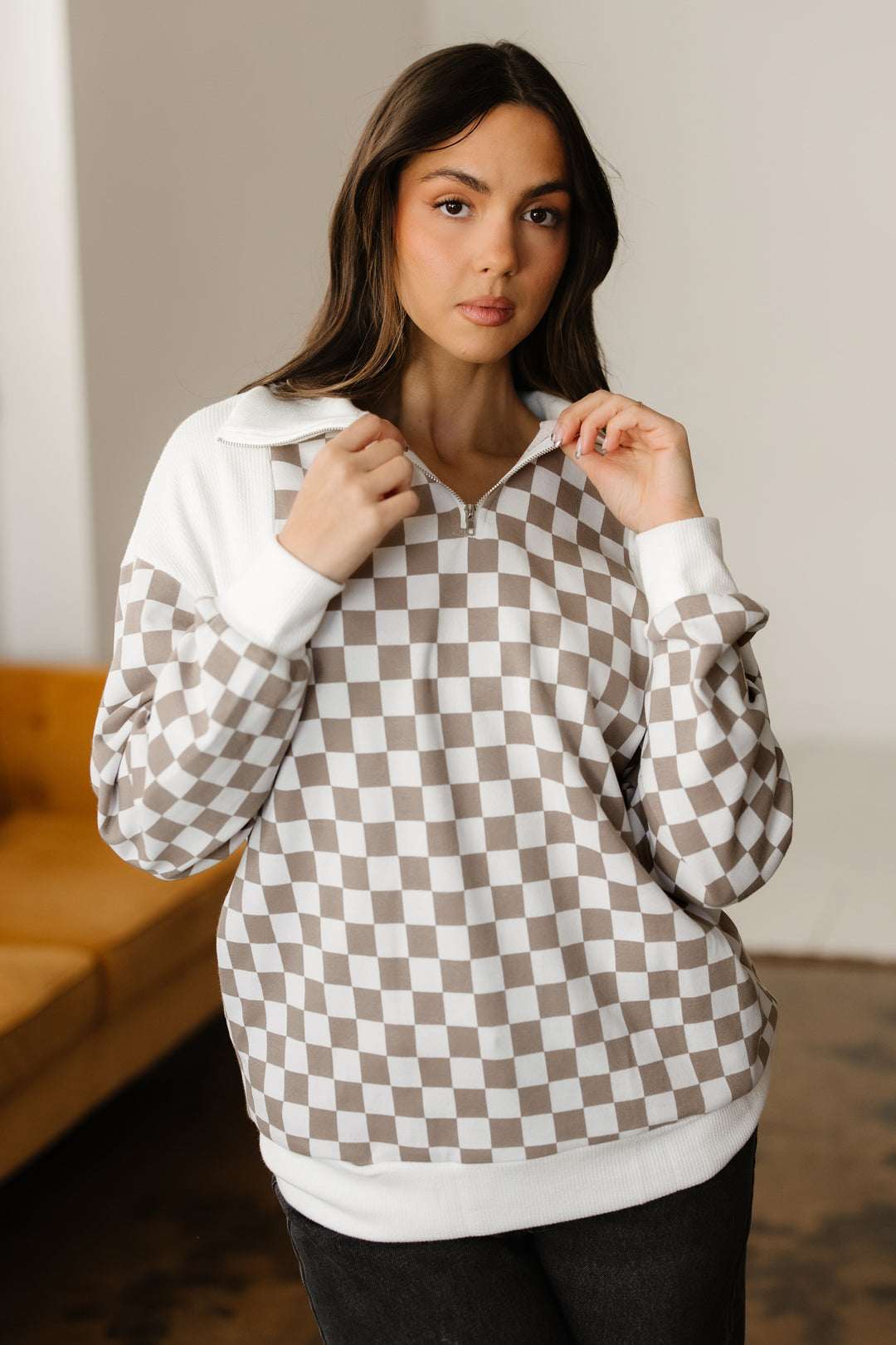 Checkered Print Quarter Zip Ribbed Patchwork Loose Sweatshirt
