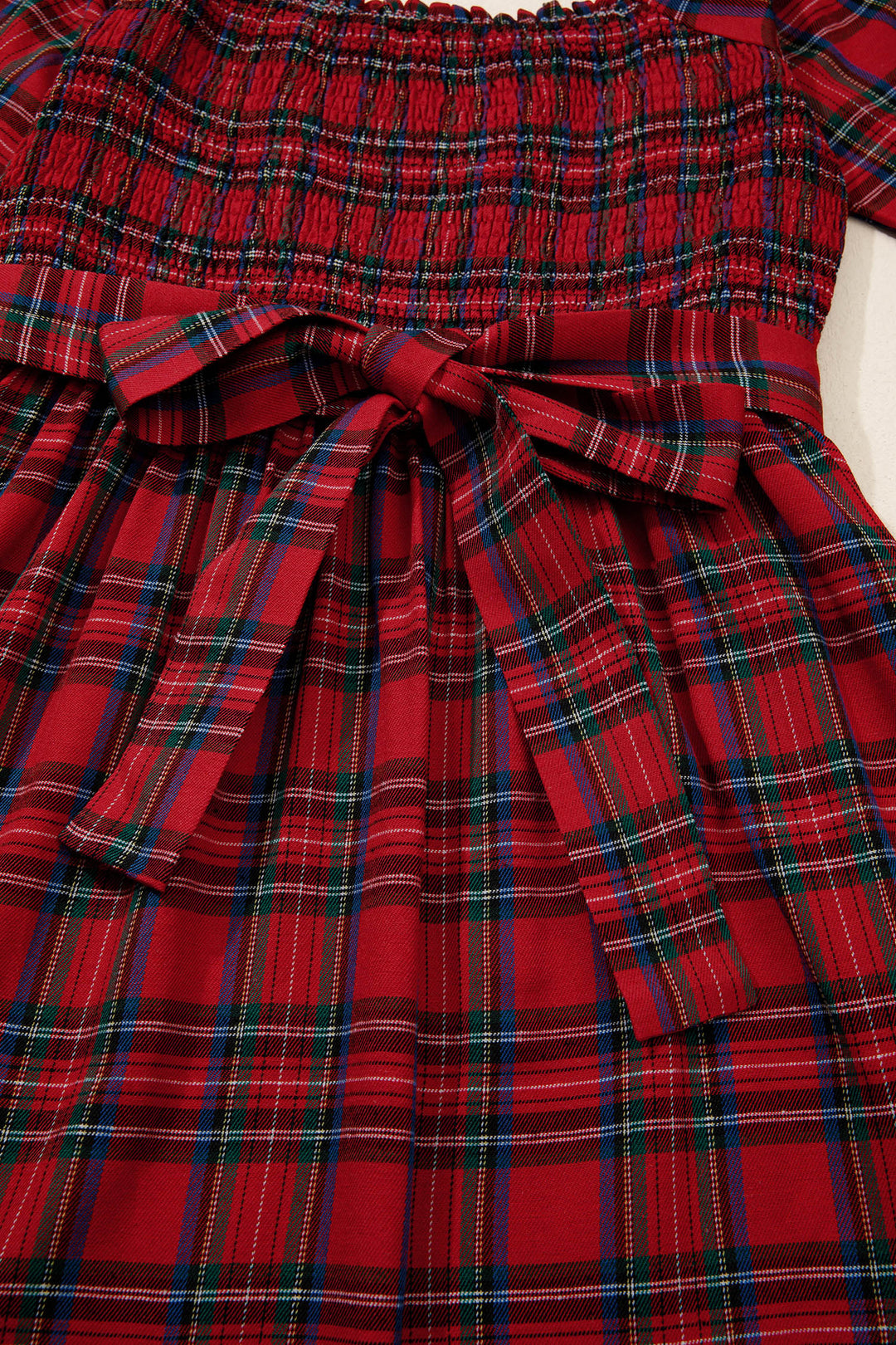 Tartan Plaid Square Neck Puff Sleeve Knot Waist Flared Midi Dress