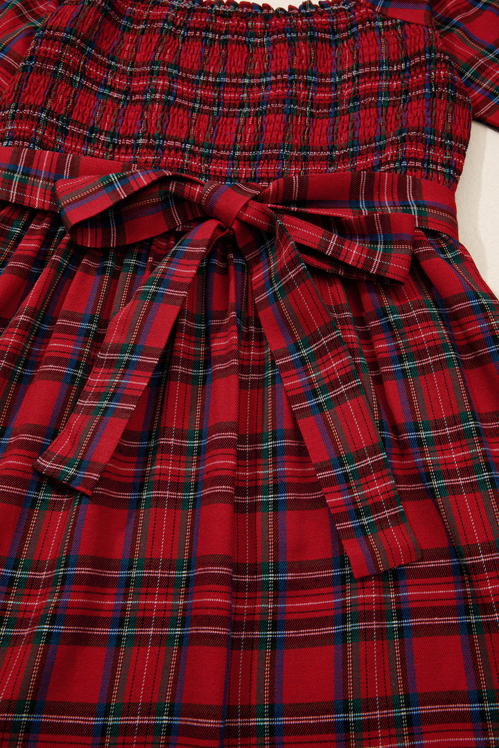 Tartan Plaid Square Neck Puff Sleeve Knot Waist Flared Midi Dress