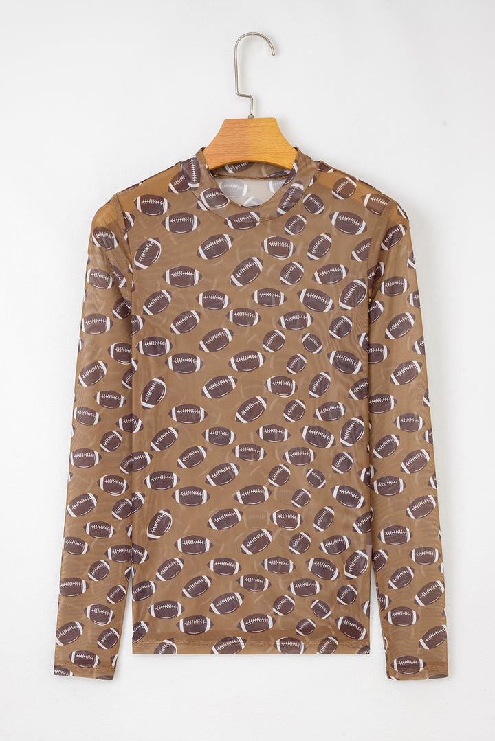 Brown Rugby Game Day Sheer Mesh Long Sleeve Top