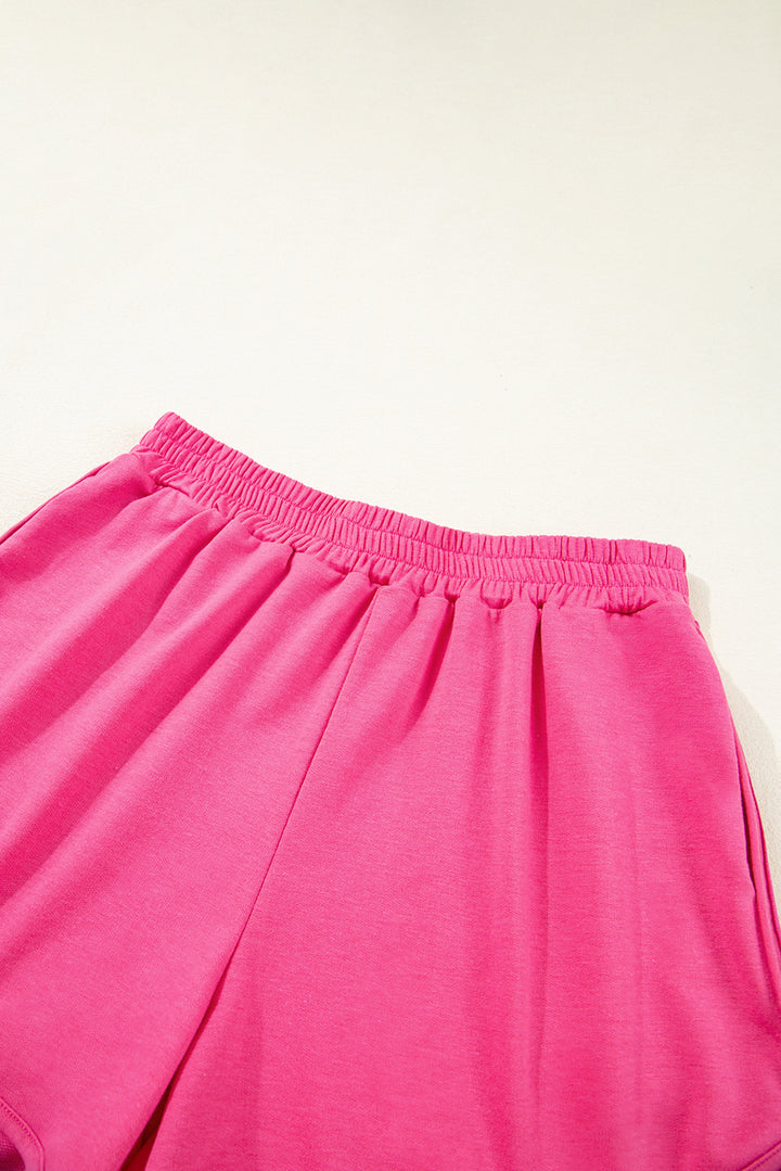 Rose Red Vibrant Striped Detail Athleisure 2pcs Short Set