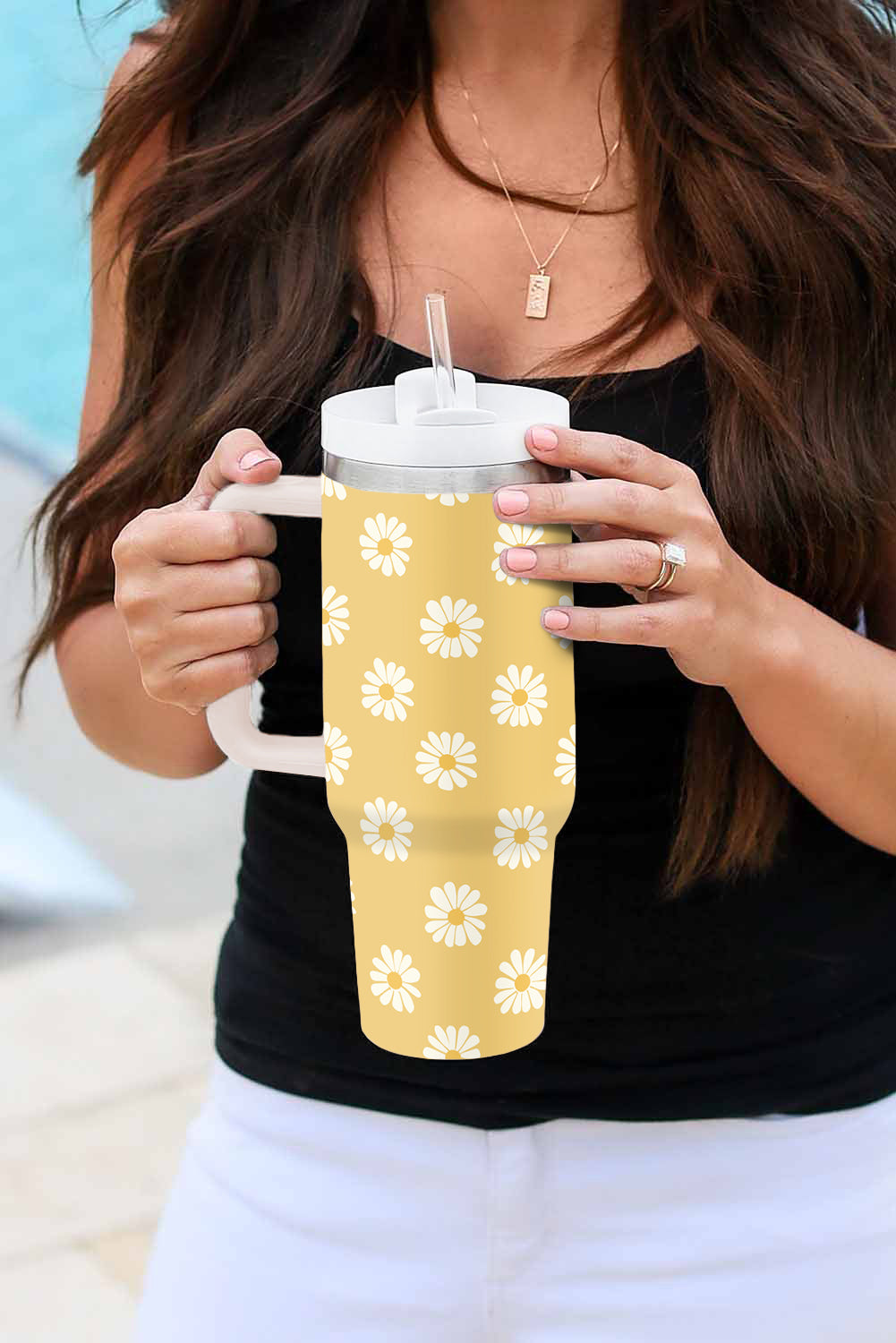 Daisy Print Handle Stainless Steel Portable Cup 40oz