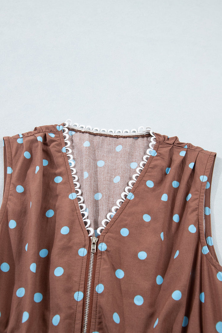 Brown Polka Dot Print Contrast Trim V Neck Zip Up Sleeveless Dress