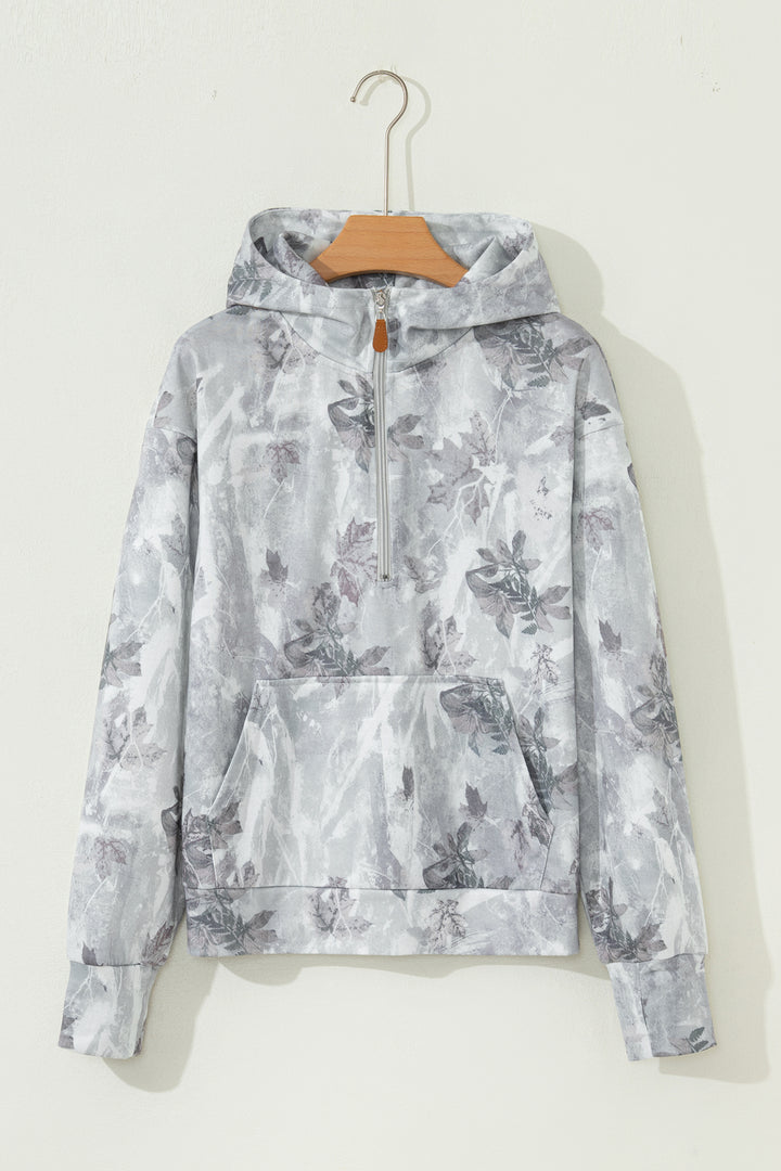 Camo Leaf Print Kangaroo Pocket Quarter Zip Hoodie