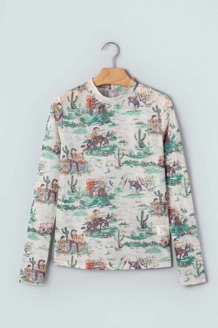 Green Western Print Long Sleeve Round Neck Slim Top