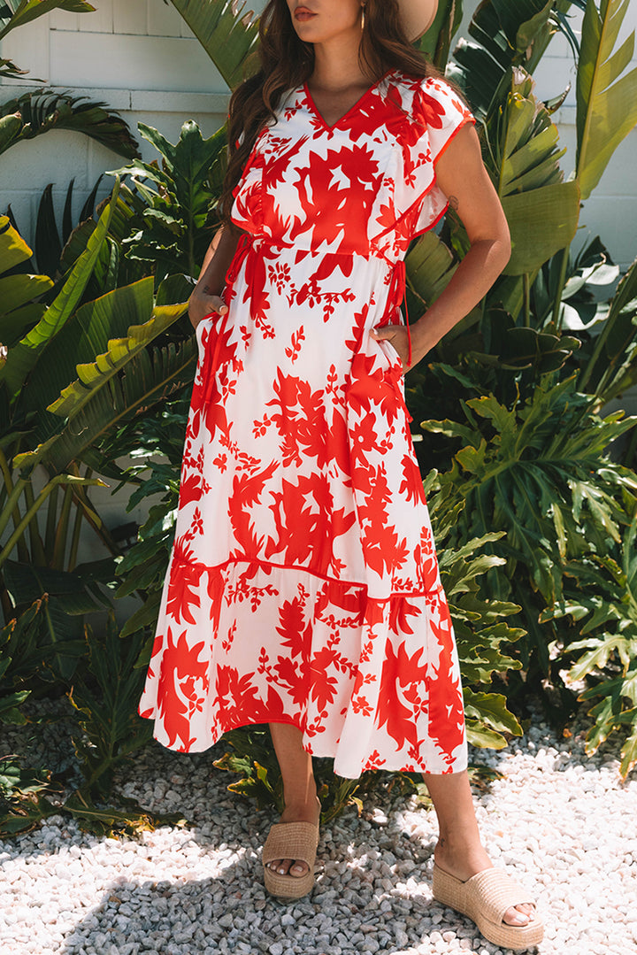 Floral Print Trimmed V Neck Ruffle Sleeve Long Dress