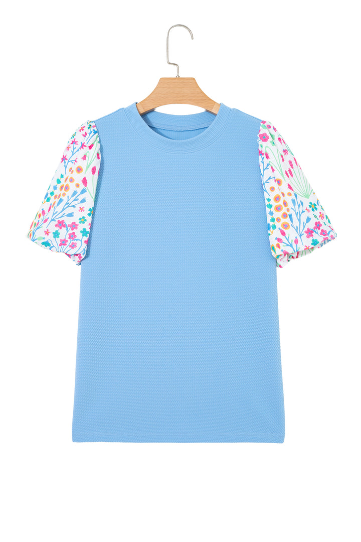 Light Blue Round Neck Textured Contrast Floral Bubble Sleeve Blouse