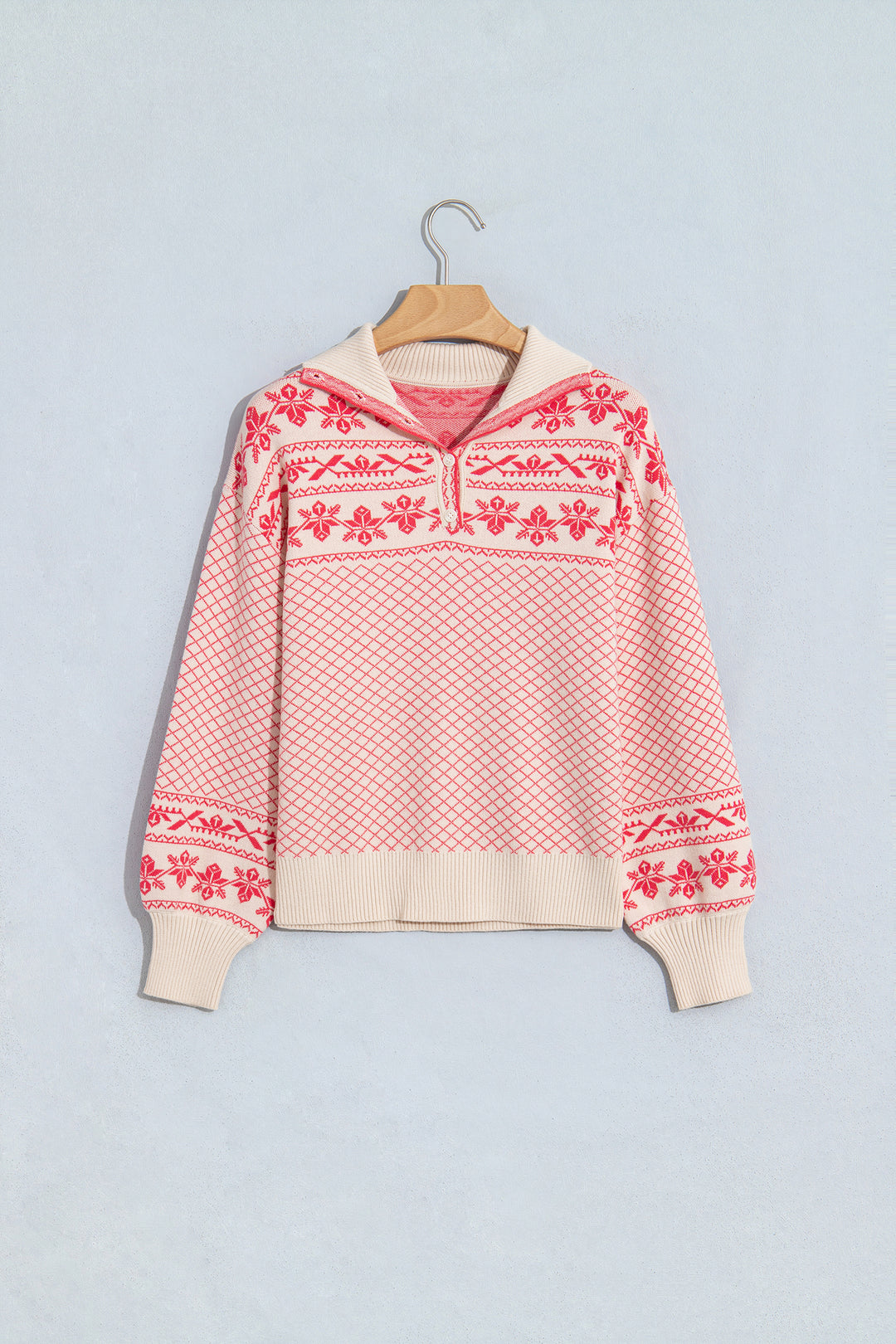 Sachet Pink Cozy Abstract Print Button Stand Neck Casual Sweater