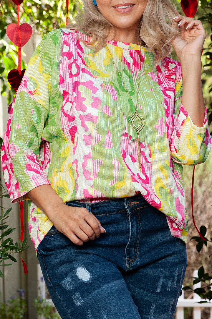 Leopard Color Block Knitted Crewneck Plus Size T Shirt