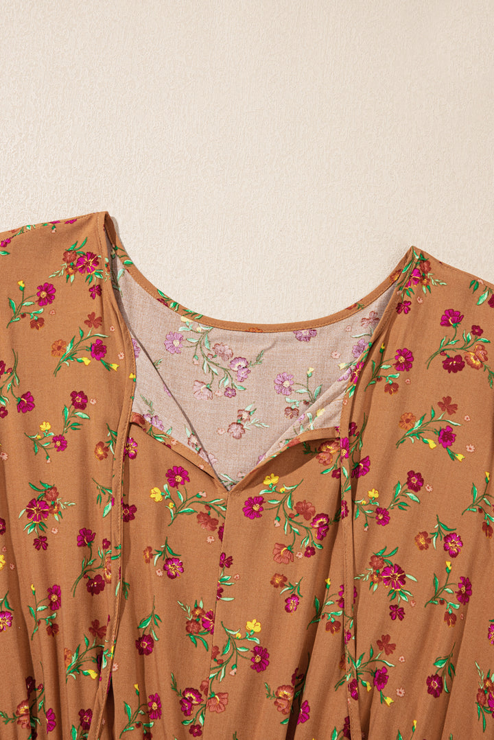 Brown Plus Size Floral Split V Neck Tiered Maxi Dress
