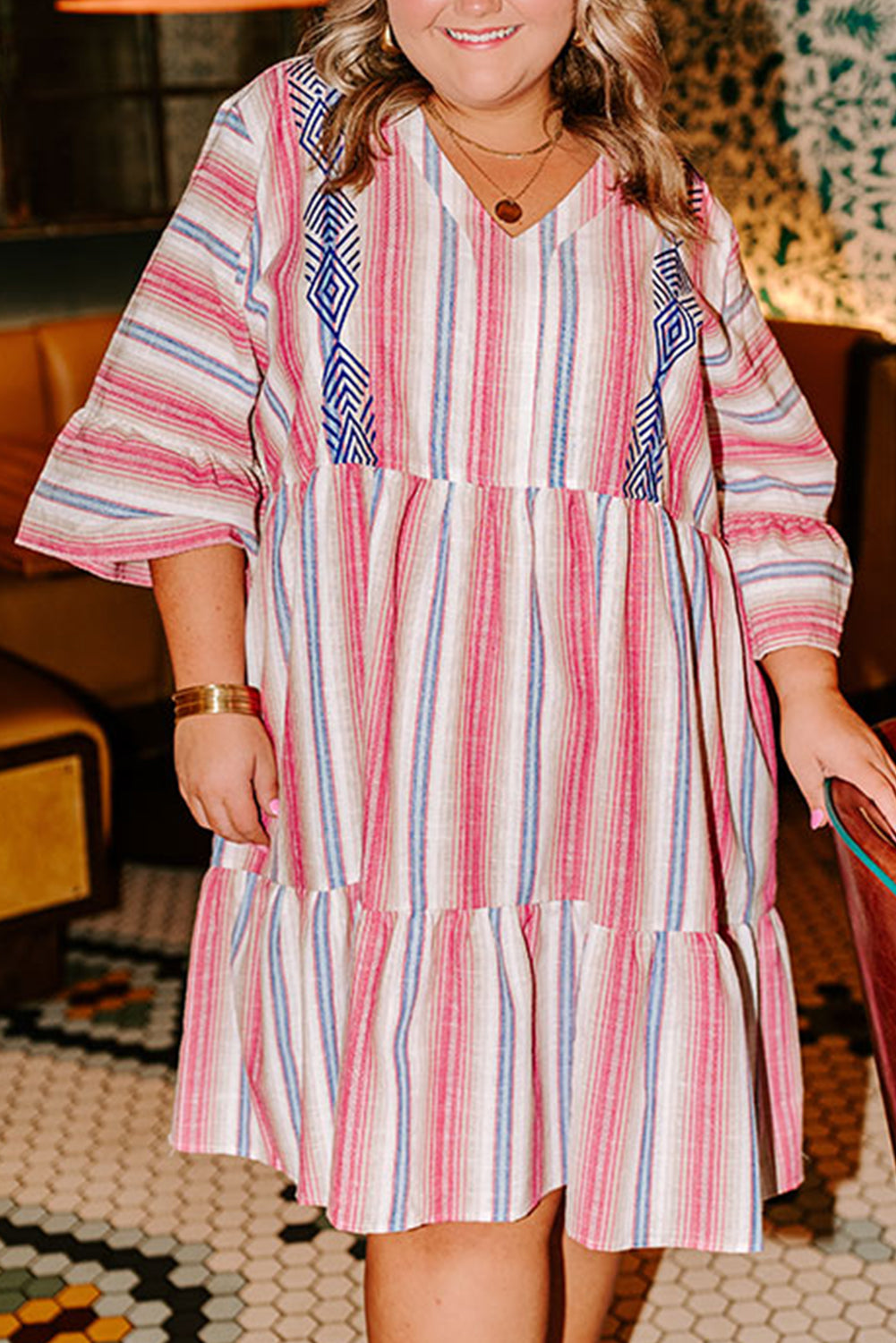 White Stripe Embroidered Detail Flared 3/4 Sleeve V Neck Plus Size Dress