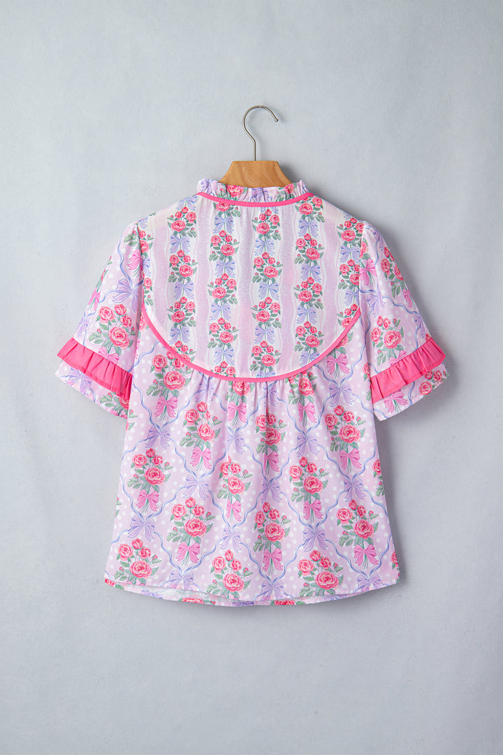 Purple Coquette Floral Bow Printed Contrast Ruffled Short Sleeve Blouse