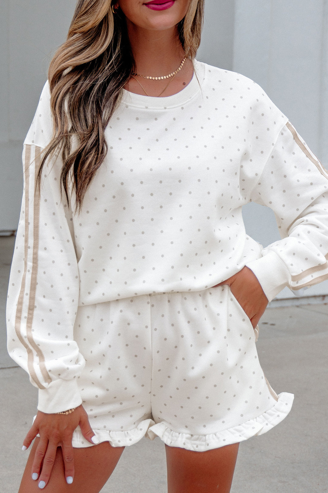 White Polka Dot Print Side Stripe Casual Sweatshirt 2pcs Short Set