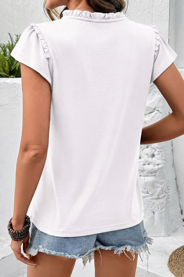 White Sheer Lace Splicing Split Neck Ruffle Short Sleeve Blouse