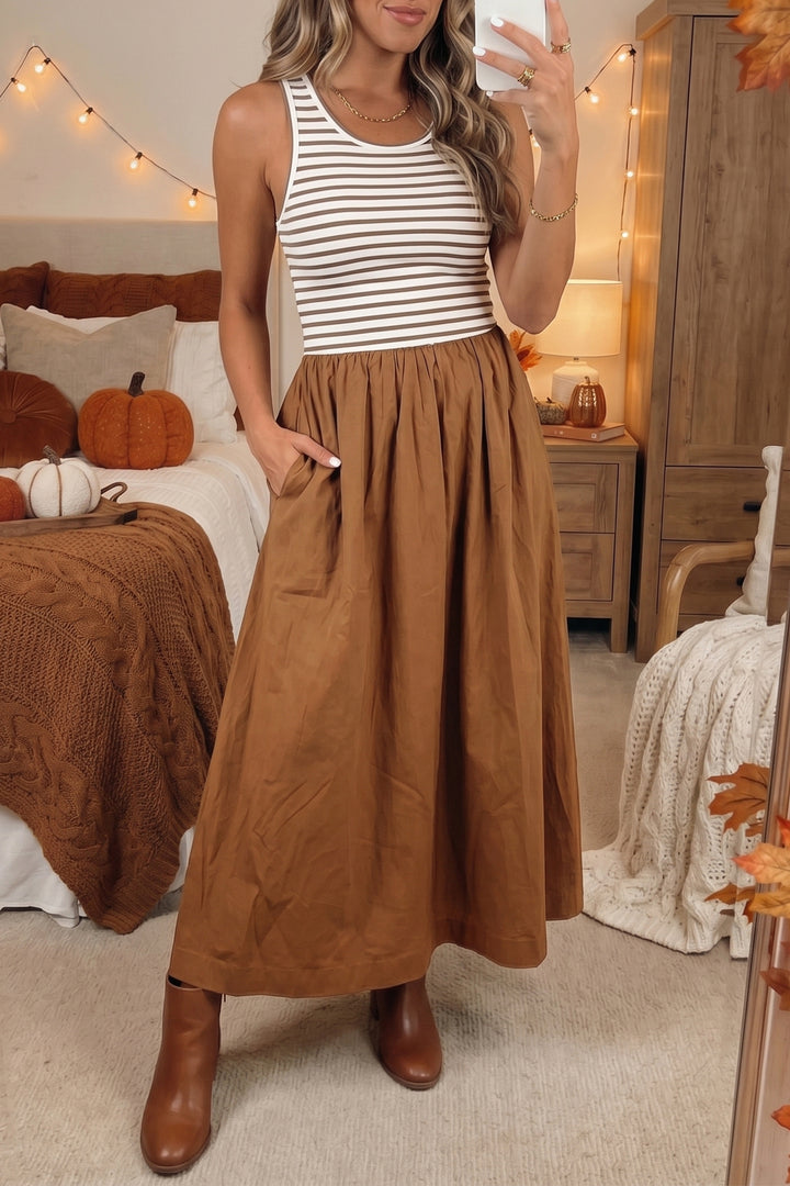 Chestnut Striped Colorblock Sleeveless Casual Long Dress
