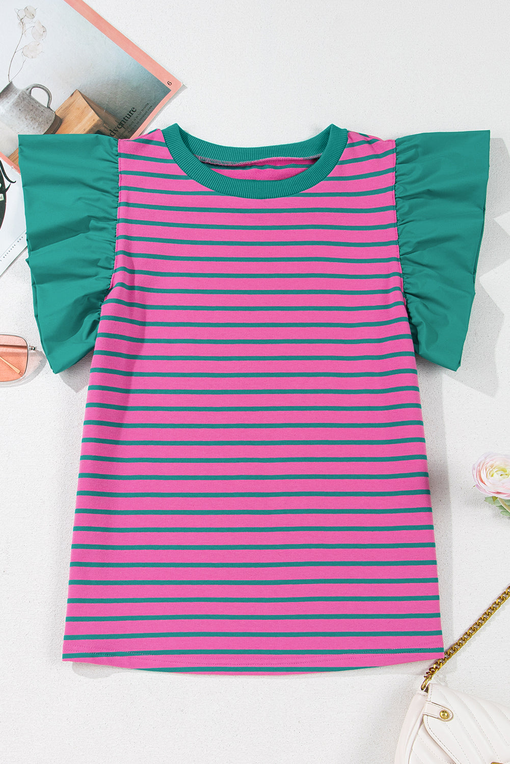 Colorblock Ruffled Sleeve Crew Neck Blouse