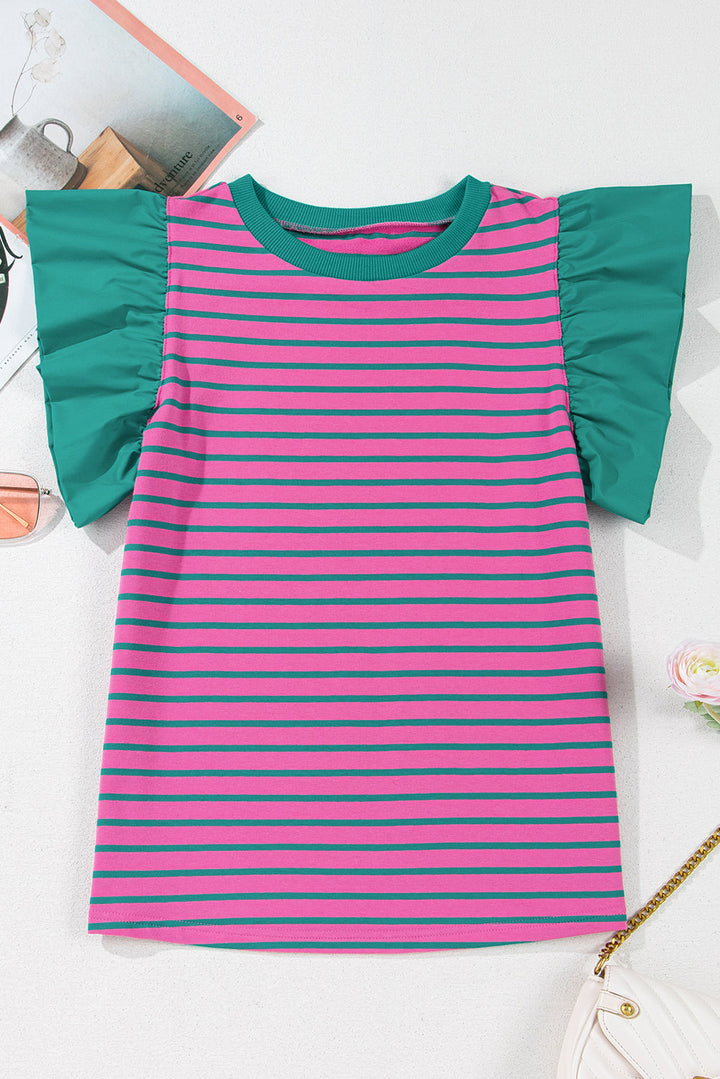 Colorblock Ruffled Sleeve Crew Neck Blouse