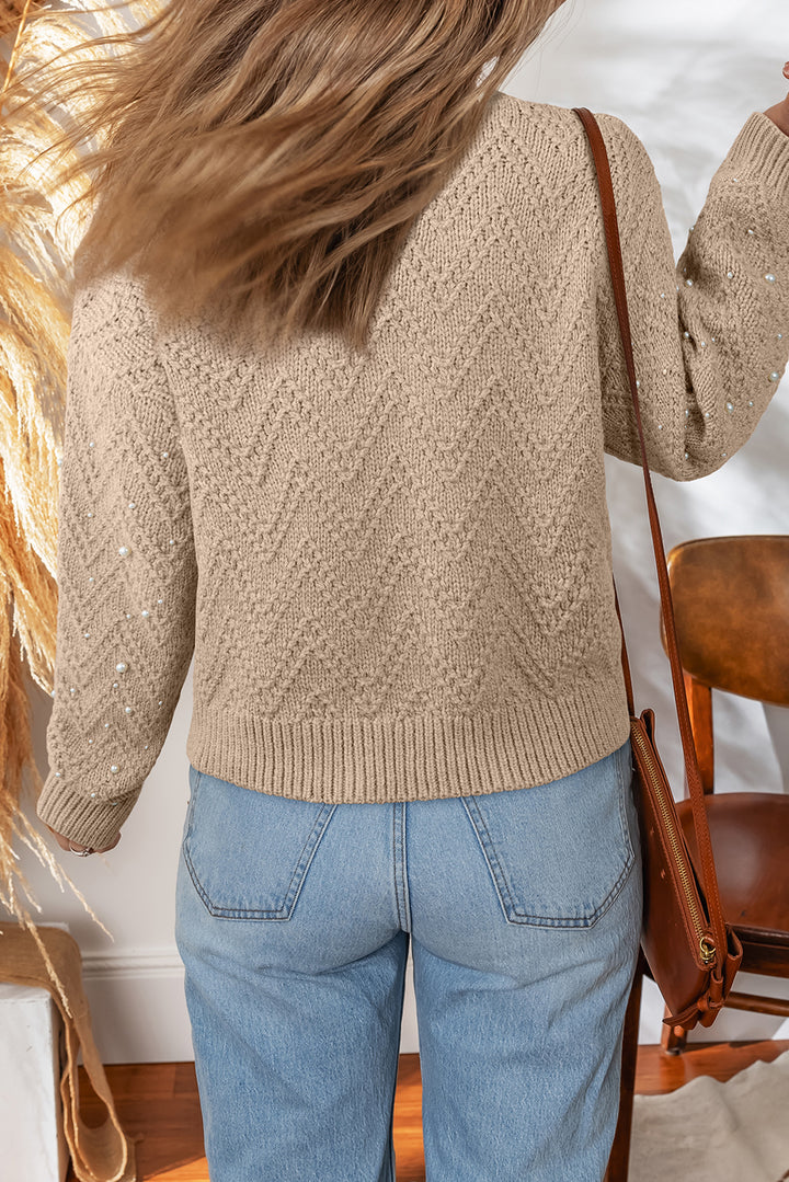 Smoke Gray Pearl Embellished Button Front Sweater Cardigan