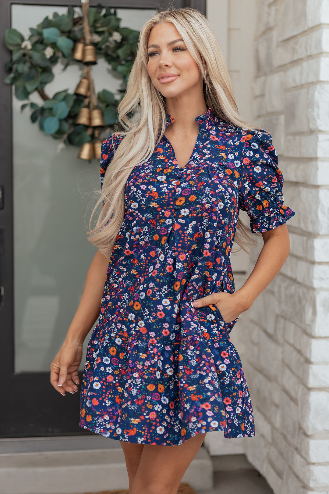 Wild Daisy Floral Split Neck Short Puff Sleeve Mini Dress