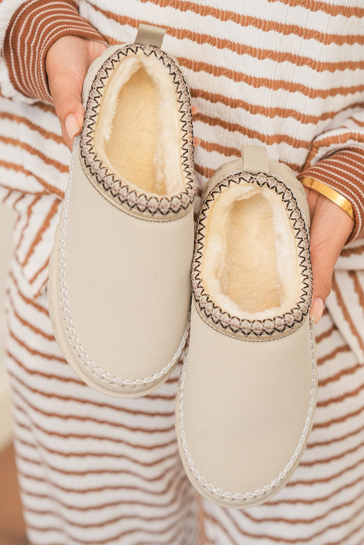 Contrast Stitch Detail Faux Suede PU Patchwork Plush Winter Clog Slippers