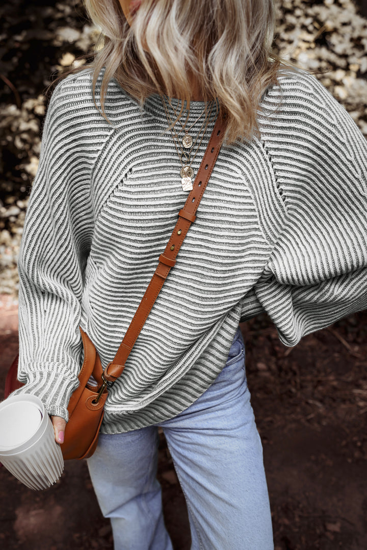 Striped Print Ribbed Knit Boat Neck Baggy Sweater