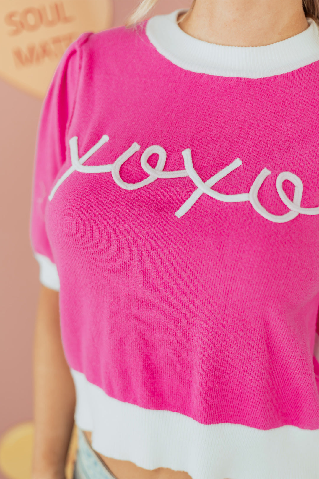 XOXO Embroidered Graphic Valentines Contrast Trim Crew Neck Short Puff Sleeve Sweater Tee