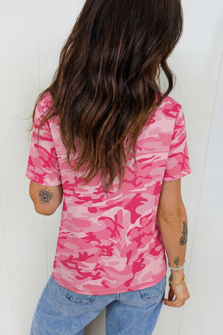Pink Camouflage Print Crew Neck T Shirt