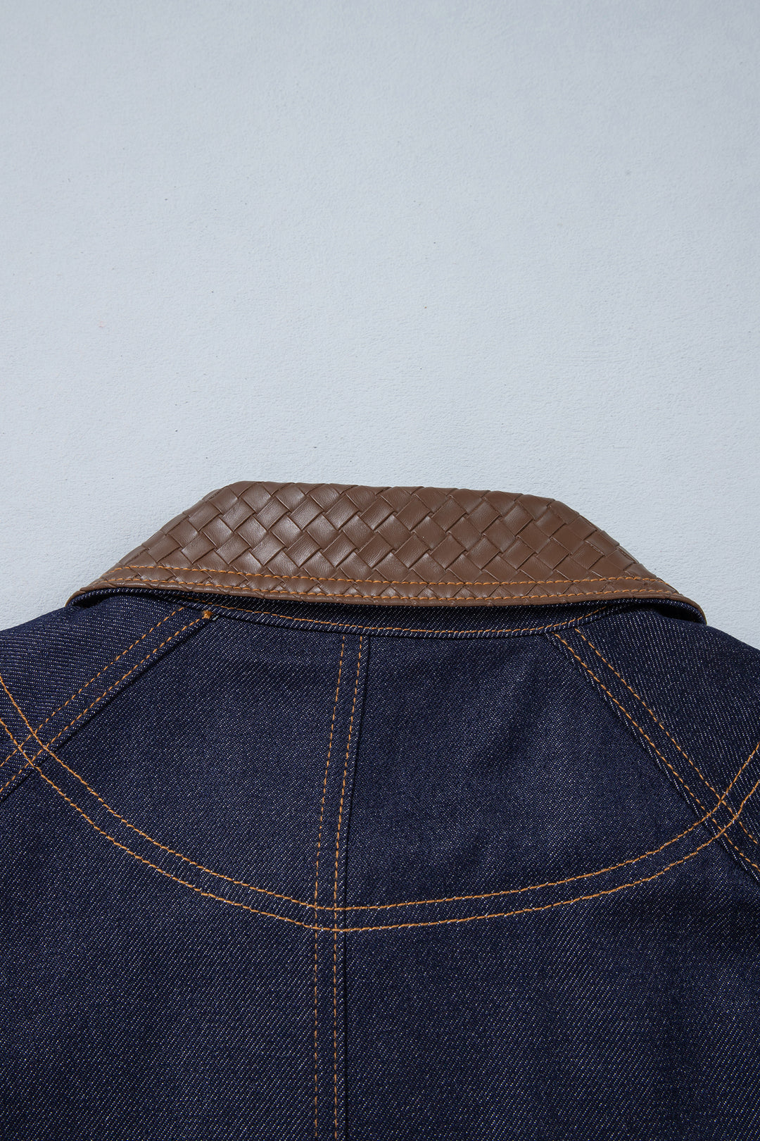 Navy Blue Contrast Collar Stitched Detail Button Denim Jacket