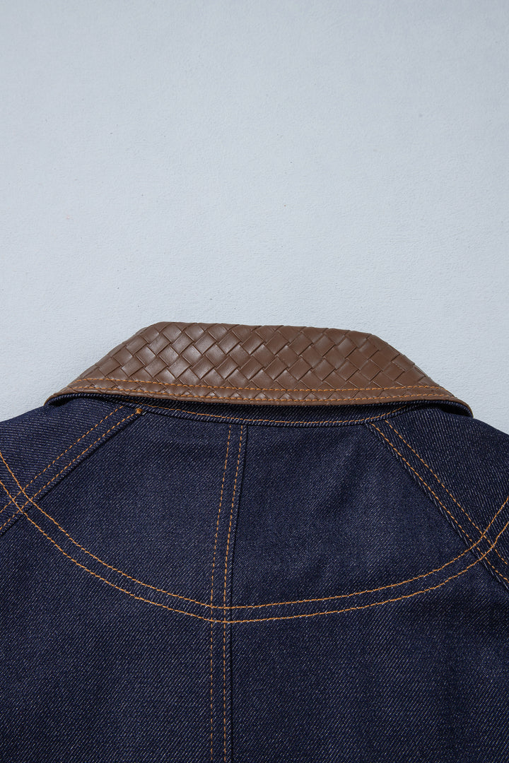 Navy Blue Contrast Collar Stitched Detail Button Denim Jacket