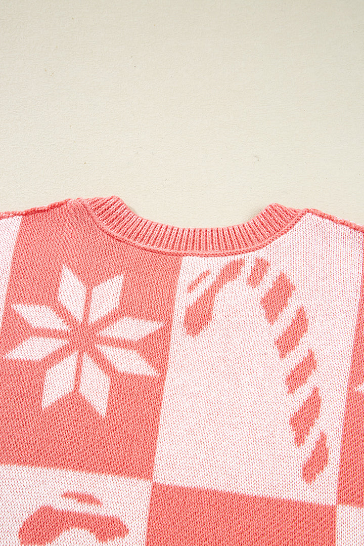 Candycane Snowflake Checker Christmas Holiday Drop Shoulder Tunic Loose Sweater