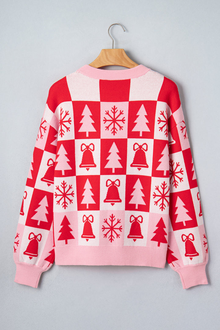 Pink Christmas Plaid Pullover Round Neck Long Sleeve Casual Fit Tunic Knitwear Sweater