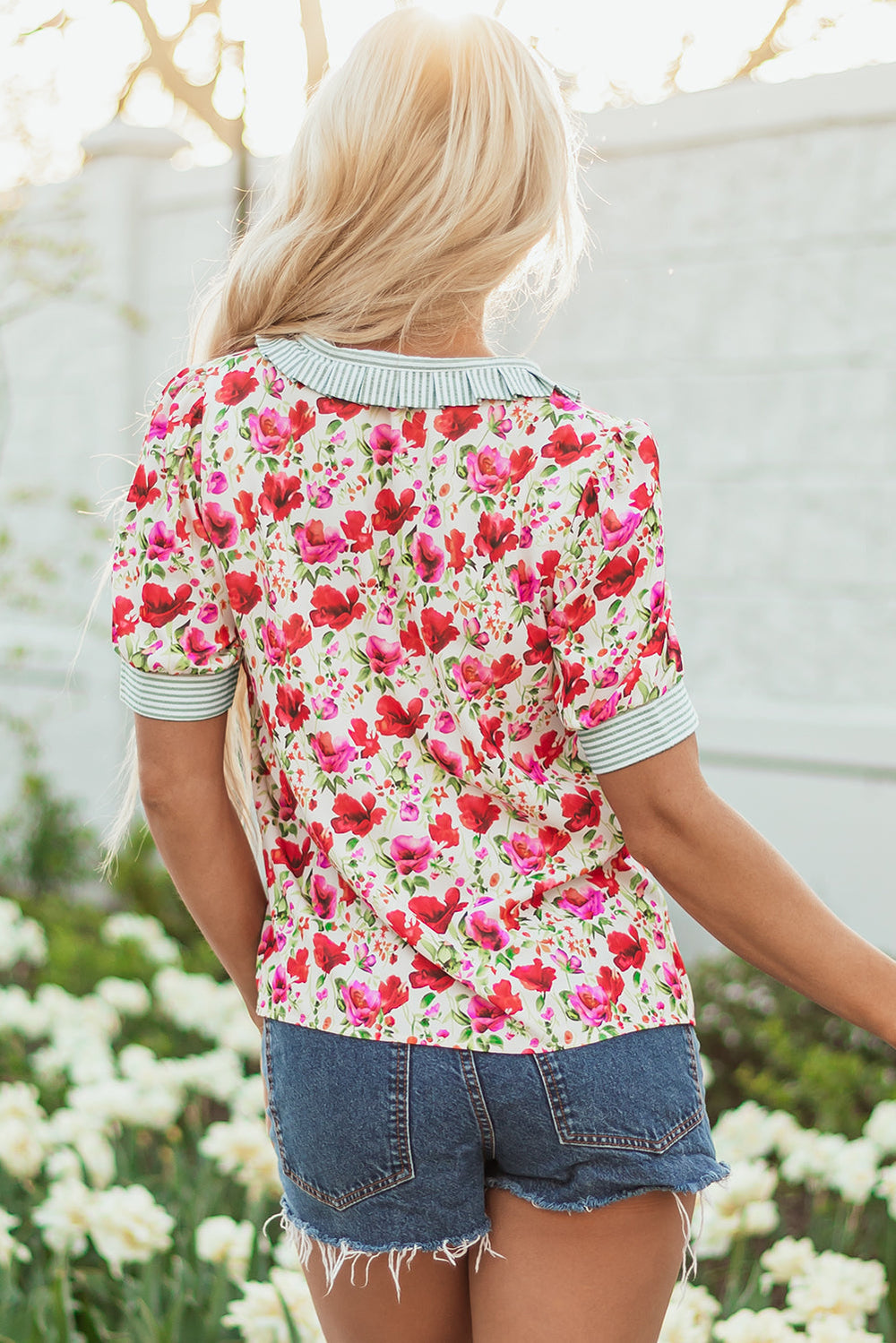 floral print striped patchwork collared short sleeve blouse