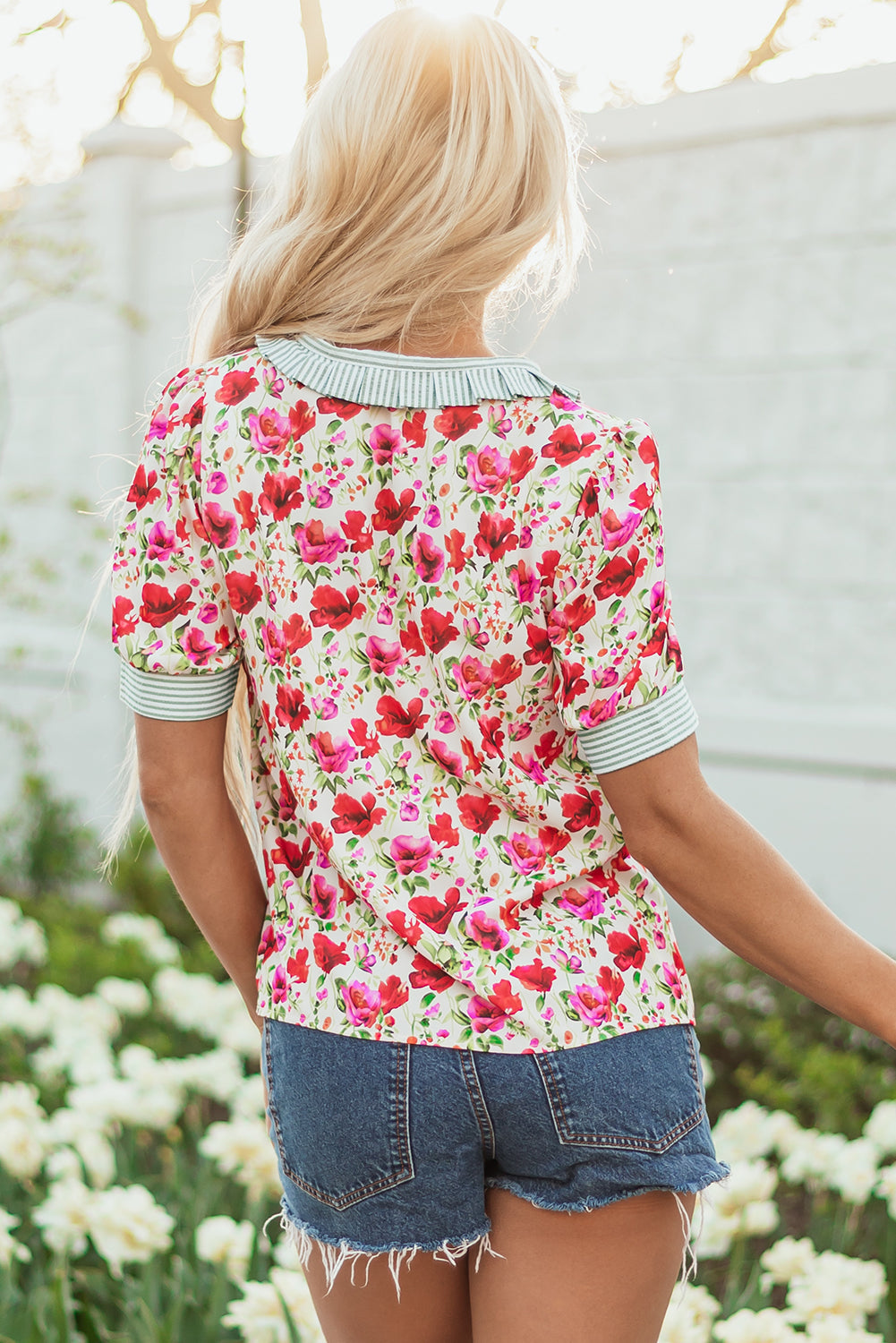 floral print striped patchwork collared short sleeve blouse
