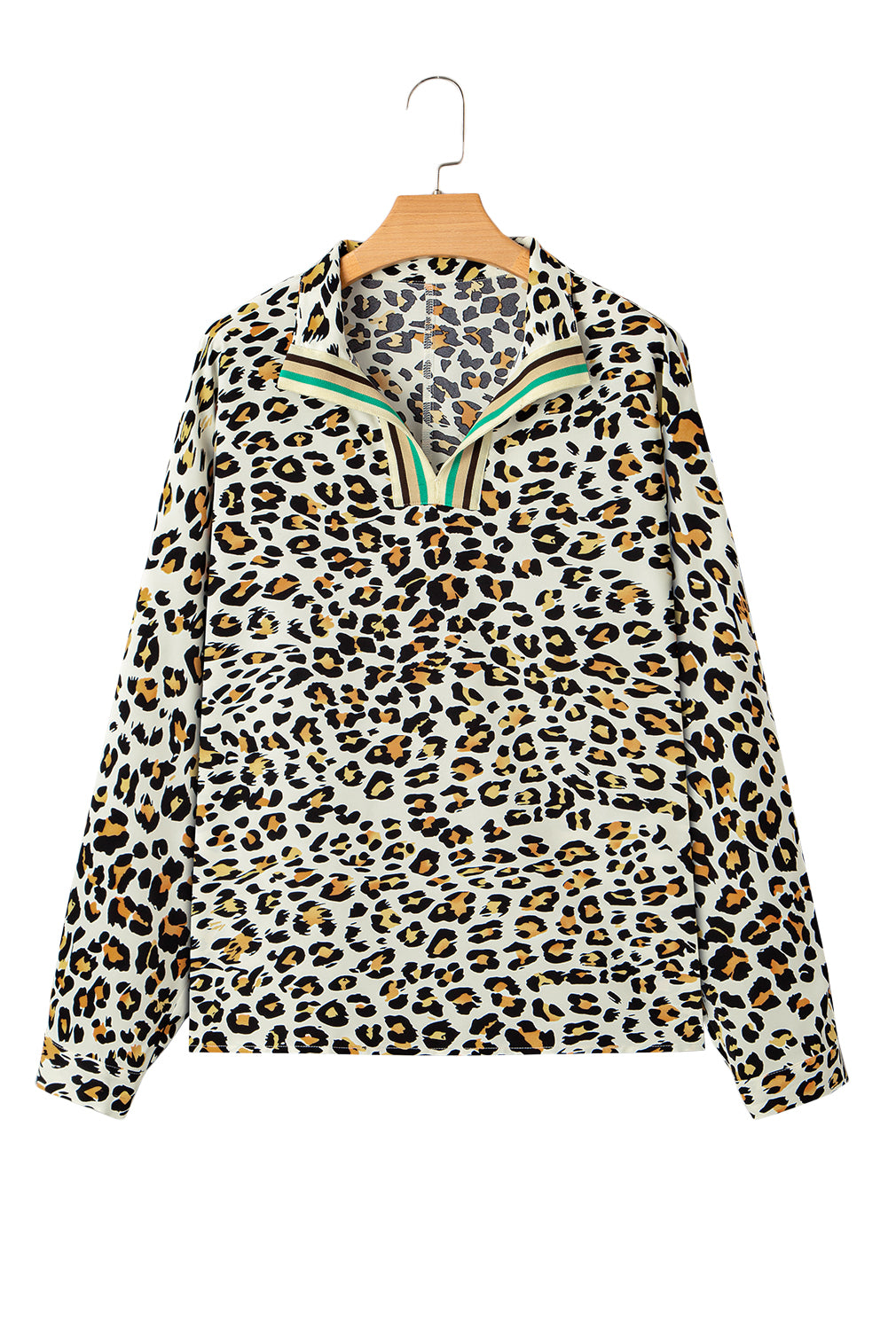 Leopard Print Contrast Striped V Neck Blouse
