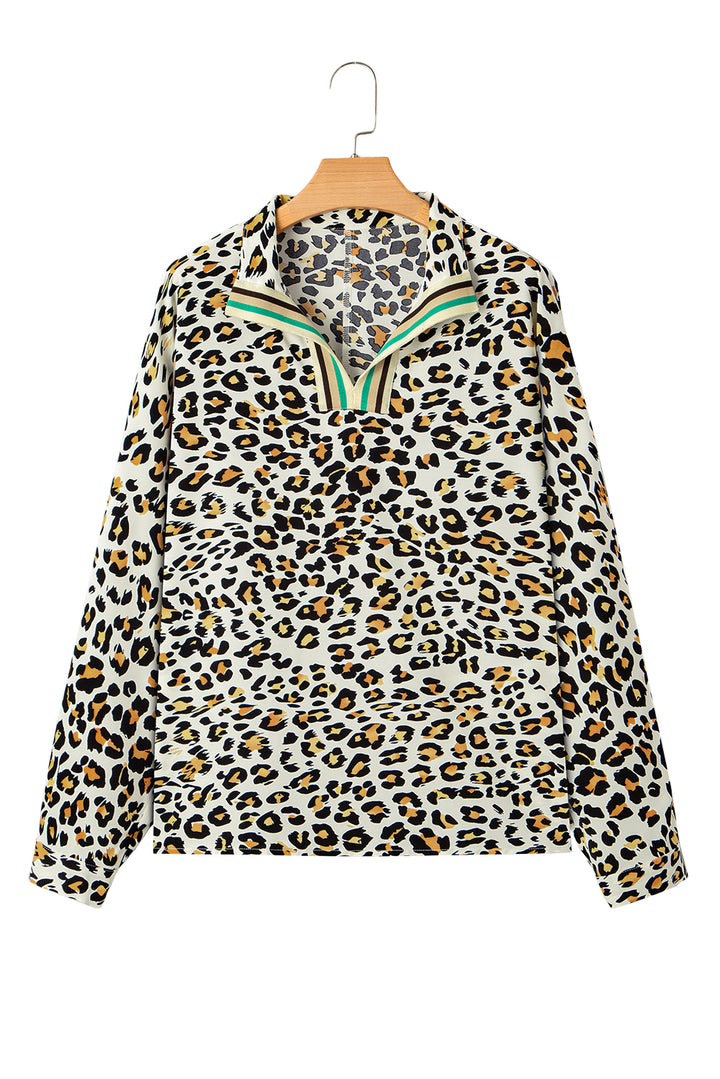 Leopard Print Contrast Striped V Neck Blouse