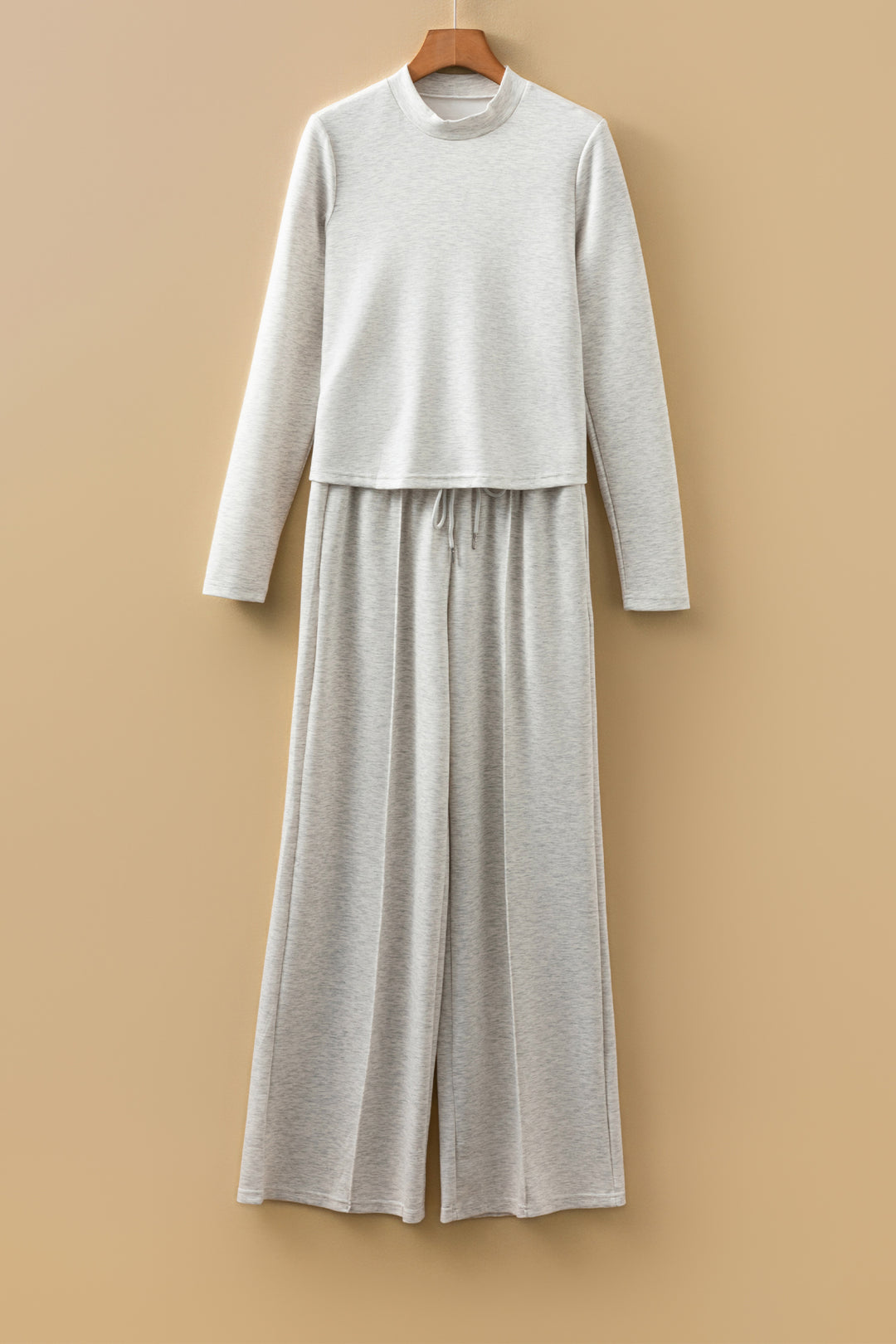 Light Grey Long Sleeve High Neck Slim Top Smocked Waist Central Seam Pants Set