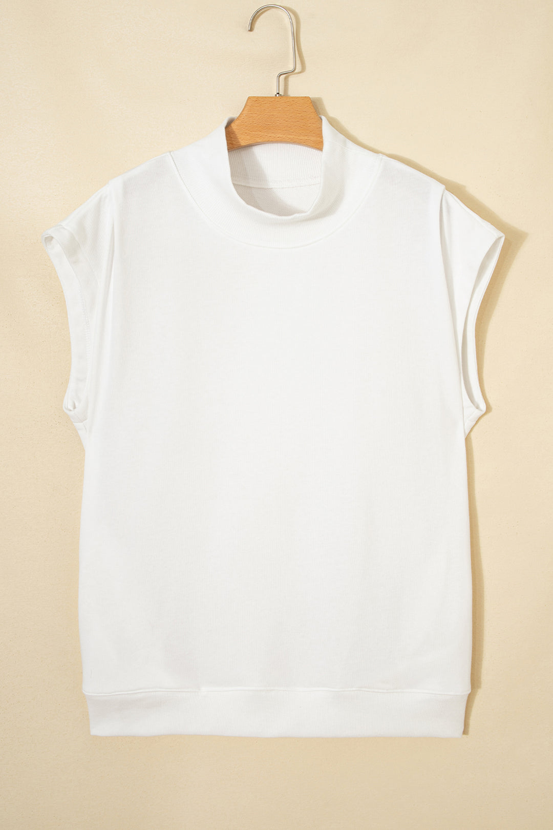 White Solid Color High Neck Cap Sleeve Loose Top