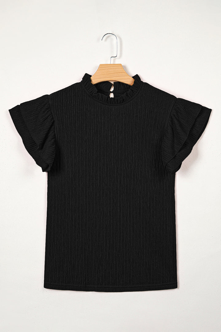 Black Solid Color Textured Ruffle Trim Short Sleeve Blouse
