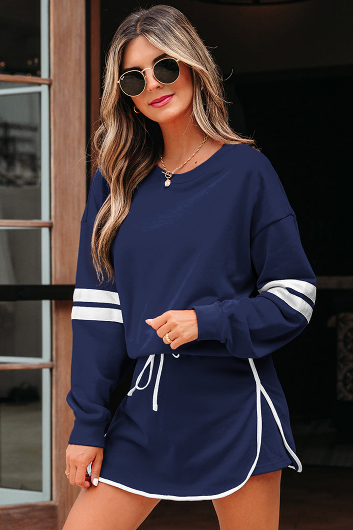 Navy Blue Varsity Stripe Detail Pullover Mini Skort Set