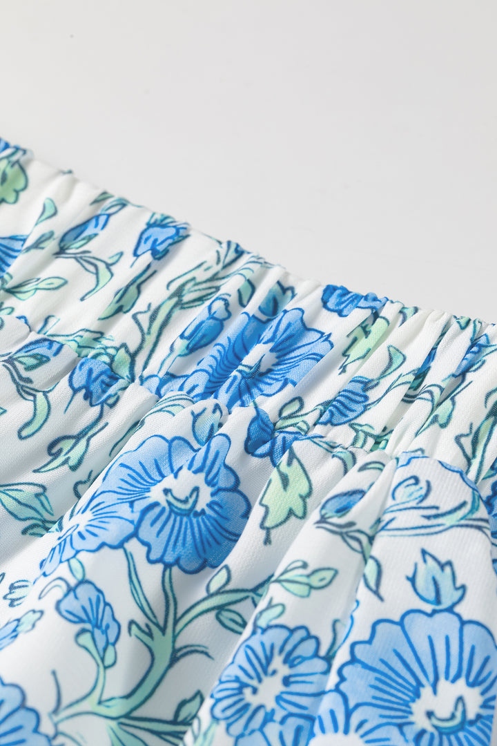 Sky Blue Summer Floral Striped Ruffle Hem Lace Tie Shorts