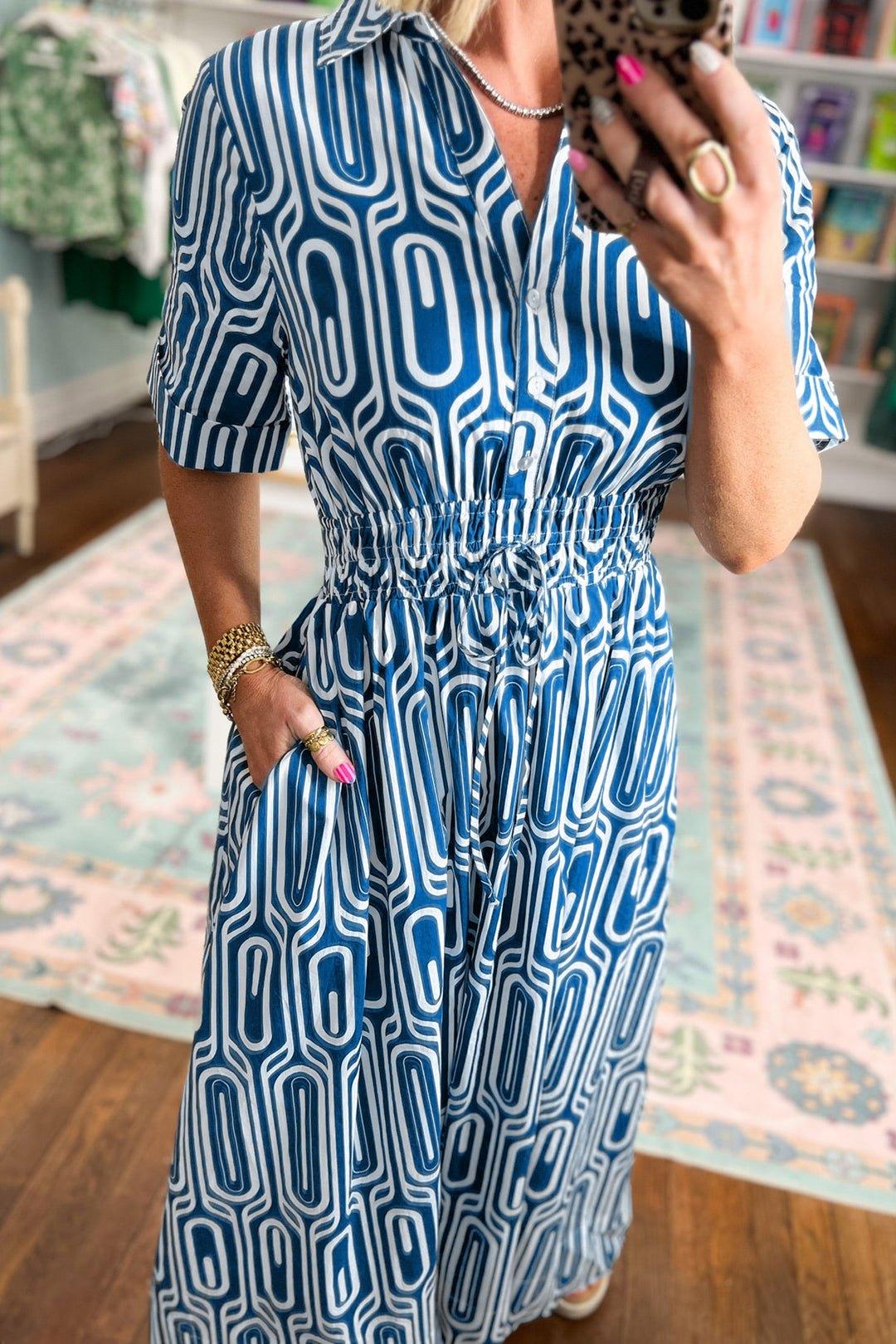 Blue Geometric Print Short Sleeve Shirt Collar Dress