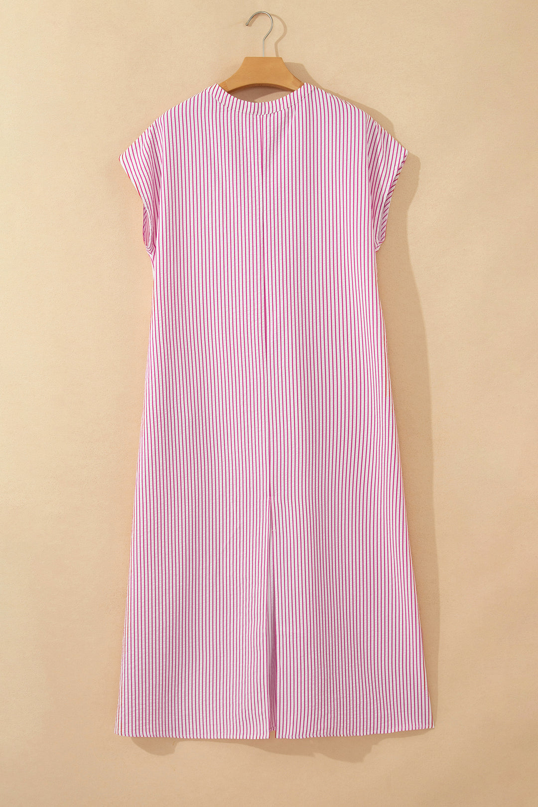 Red Stripe Frilled Detail Half Buttons Short Sleeve Long Dress