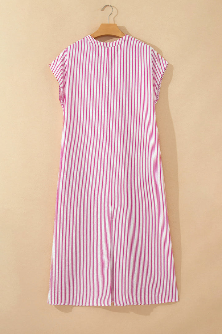 Red Stripe Frilled Detail Half Buttons Short Sleeve Long Dress