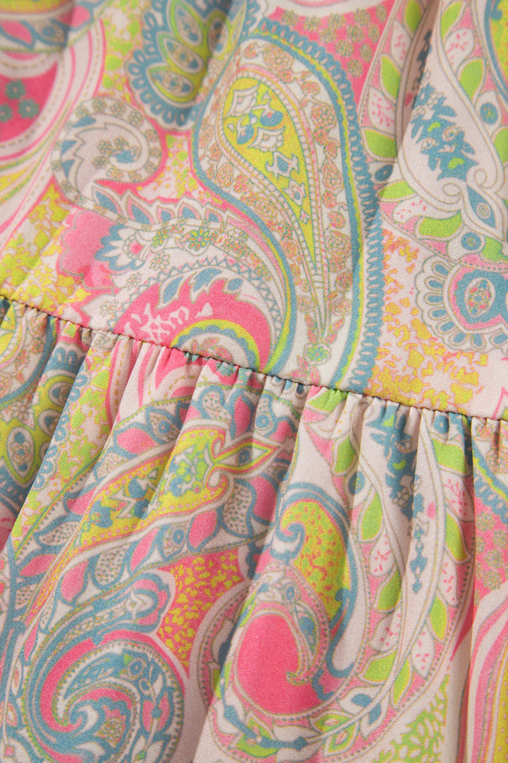 Gossamer Pink Boho Vintage Paisley Print Tiered Long Skirt