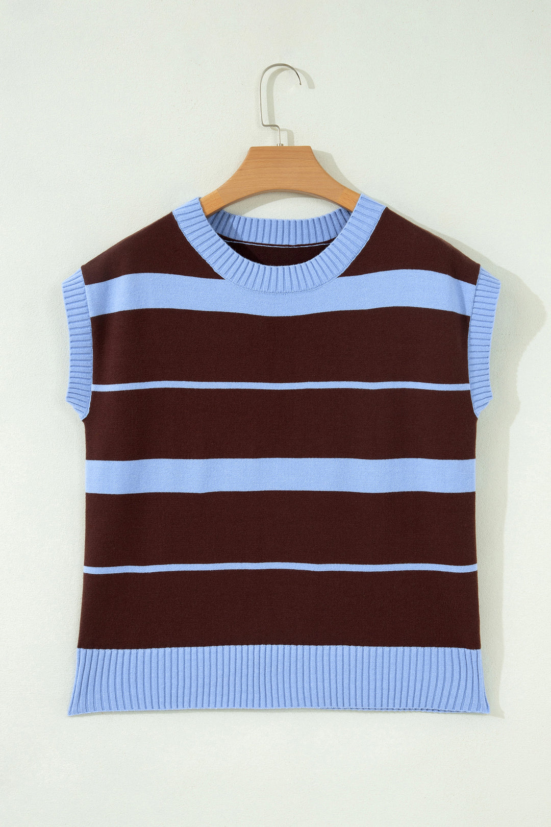 Sky Blue Stripe Striped Short Sleeve Round Neck Casual Knit Top